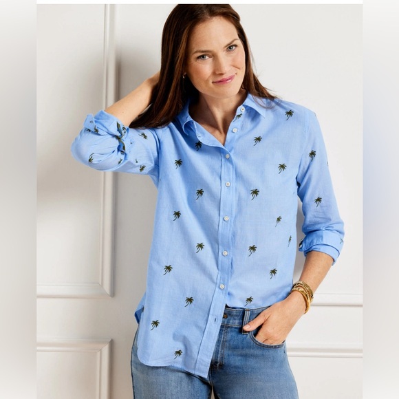 TALBOTS SIZE MEDIUM MODERN CLASSIC SHIRT - EMBROIDERED LOVELY PALM TREES - Picture 2 of 7